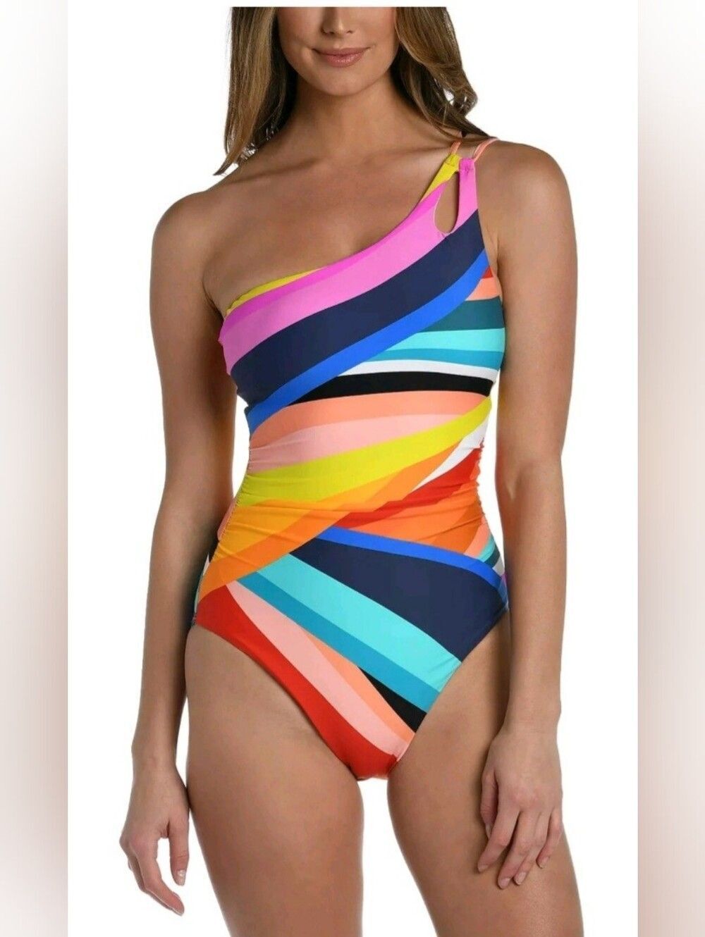 La Blanca MULTI-Color Sunscape Stripe One-Shoulder One-Piece Swimsuit NWOT Sz 4